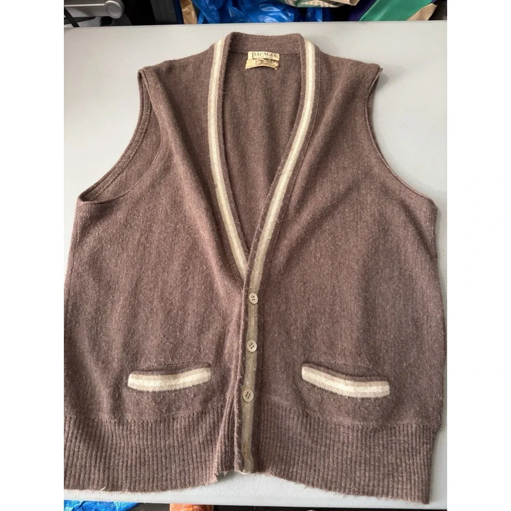 Vtg Pacalan Orlon Vest Brown Piped Pockets M